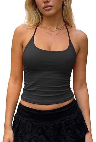 Womens Sexy Basic Halter Neck Top Tie Back Slim Fit Sleeveless Camisole Open Back Crop Tank Tops Casual Streetwear