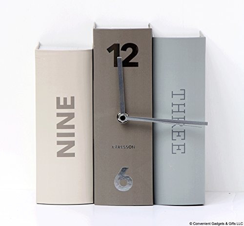 Karlsson KA5628 Tischuhr, Trompe-L'Oeil-Bücher, Buch, Grau, Fester Karton und Metall, H20 x 20 x 15 cm