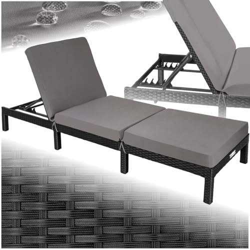 tectake® Polyrattan Sonnenliege mit 6-Fach höhenverstellbarer Rückenlehne, Outdoor Daybed mit bequemer Polsterauflage, Gartenliege Rattan für drinnen und draußen, pflegeleicht und stabil - schwarz