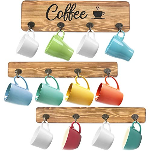 LotFancy Kaffeetassenhalter, rustikale Wandmontage, Tassenhalter mit 12 Tassenaufhängern, Farmhouse Holz Tassen-Organizer für Zuhause, Büro, Küche, Ausstellung, Aufbewahrung, Kaffee-Nook-Dekor