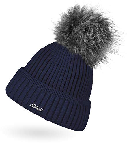 Neverless® Damen Strick-Mütze gefüttert Fell-Bommel Kunstfell Bommelmütze Umschlag Rippenmuster Navy