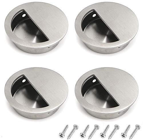 Gasea 4Pcs Recessed Sliding Pull Door Handles Round Flush Door Handles | 60mm Stainless Steel Round Finger Pulls Hidden Cabinet Handles Pull with Concealed Screws