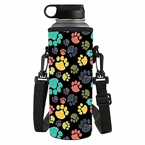 NETILGEN Trinkflaschenträger mit niedlichem Hundepfoten-Motiv,aus Neopren,passend für 1 l / 1000 ml / 1,2 Liter Glas,Kunststoff,Meta-Wasserflaschen,Halter mit Schultergurt,Tasche und Tragegriff