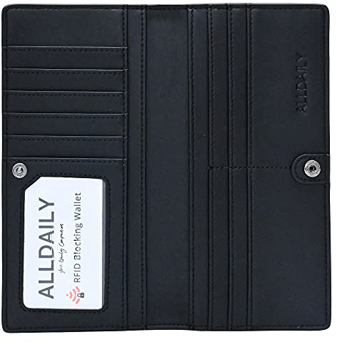 Alldaily Ultra Slim Thin Women Wallet RFID Blocking Credit Card Holder Bifold Long Ladies Billfold (Black)