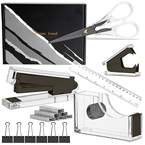 Schreibwaren-Set aus Acryl, Schwarz, 16 cm Schere, Klebebandspender, Klammerentferner, Hefter, 6 Binder-Clips und 1000 Heftklammern, Büroangestellte und Studenten, Schreibtischzubehör