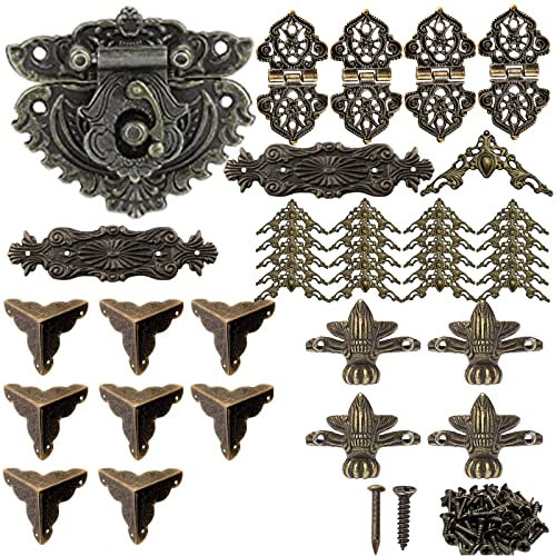 1 ensemble d'accessoires de boîte décorative bronze antique, 4 Pied d’angle décoratif, 8 coins de meubles, 1 Fermoirs Boite Verrou, 4 Charnières, 20 Coin Décoratif, 2 Bandes décoratives rétro