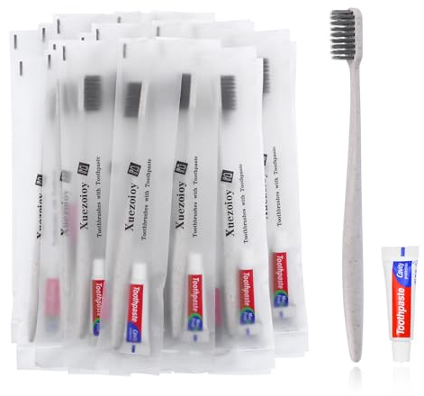 Spazzolini da Denti Monouso,60 Set Albicocca Confezionati Singolarmente Spazzolino da Denti Usa e Getta con Dentifricio Alla Rinfusa per Senzatetto,Casa di Cura,Hotel,Beneficenza,Viaggio
