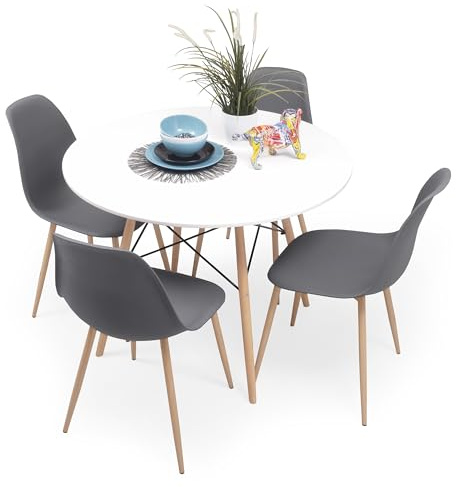 Homely - Conjunto de Comedor Tower Cairo Nordic White 100 | Mesa + 4 sillas | Comedor, Salón, Cocina, Sala | Mesa Redonda Color Blanco | 100 cm diámetro | 4 sillas Color Gris Oscuro