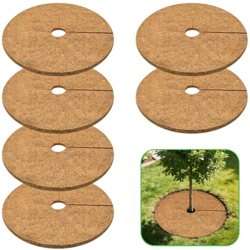 ZeeDix 6 Pack Coconut Fiber Mulch Ring, 24 Inch Coco Coir Tree Ring Mulch Mat, 100% Natural Tree Protector Mat Plant Cover Ring Coconut Coir Discs Tree Mats Mulch Rings for Indoor Outdoor Trees Plants