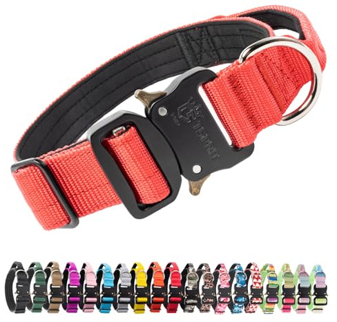 TSPRO Taktisches Hundehalsband mit Metall-Schnellverschluss & Griff | Verstellbar & Schwer, 3,3 cm Breit mit Weicher Polsterung für Mittlere & Große Hunde, Training, Spaziergänge, Rot M