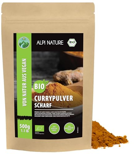 Alpi Nature Curry Pulver scharf BIO 500g, Premium Qualität Curry Pulver | indische Gewürze mit Chili, ideal für Currys, Fleisch, Eintöpfe, Reisgerichte, Saucen & Marinaden