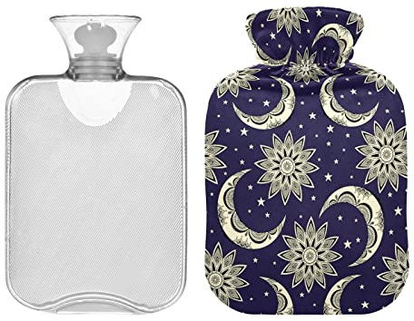 Wärmflasche 2L mit Abdeckung, Boho Vintage Mond Sonne Sterne Wärmbeutel zur Schmerzlinderung Handfüße Wärmer Winter