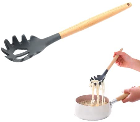 Cucchiaio per spaghetti, cucchiaio per pasta in silicone resistente al calore, comodo manico in legno, gustoso cucchiaio per spaghetti con porzionatore, antiaderente, strumento di cottura sicuro