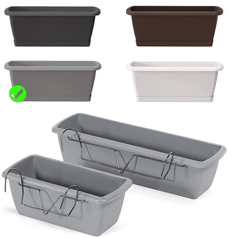 BirnePower Blumenkasten Balkonkasten Geländerkasten Blumentopf Balkontopf Pflanzkasten mit Untersetzer Aufhängung Hanger (400 Grau)