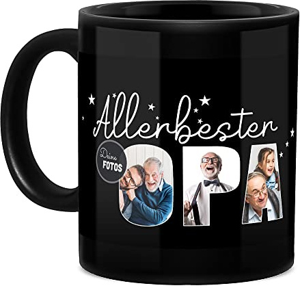 Tassendruck Schwarze Tasse mit Spruch - Allerbester Opa - Zum Selbst Gestalten mit Foto-Collage für 3 Fotos, Geschenk für Opa, Vatertag | 300 ml, Personalisiertes Geschenk