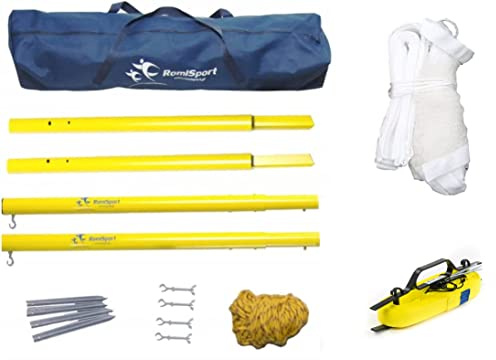 Romi Sport Badminton komplettes Netz + Pfosten + Feldmarkierung Courtline einstellbar max. 6,15 x 13,4 m, Rasen Sand Set für den Freizeitgebrauch für den Garten