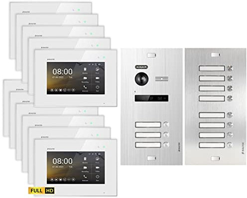Balter EVO HD Silber/Weiß Video Türsprechanlage Set für 11 Familienhaus (1x Türstation mit Full HD-Kamera, 11x Touchscreen 7 Zoll Monitor, 2-Draht Bus, 175° Weitwinkel, Türöffner)