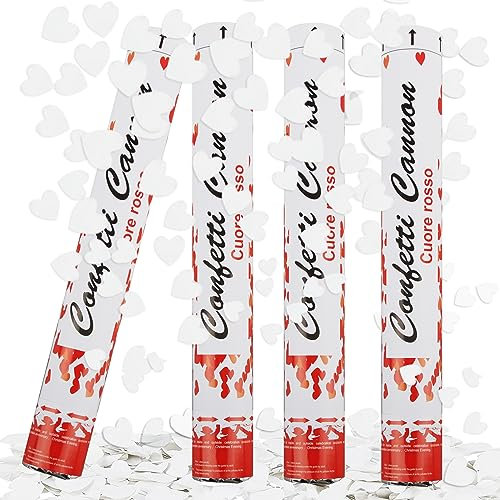 shallyong - Spara-coriandoli bianchi, 4 cannoni per coriandoli a forma di cuore, 40 cm, in carta, per matrimoni, feste di compleanno, lauree
