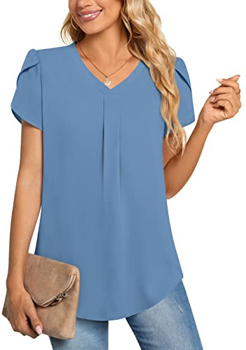 Aodemo Women Summer Dressy Chiffon Blouse Petal Short Sleeve V Neck Tunic Tops Office Casual T-Shirt 2XL, Blue