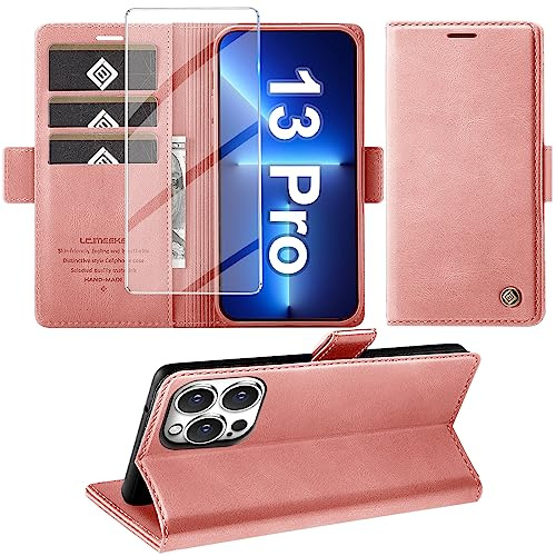Giyer Handyhülle für iPhone 13 Pro Hülle mit Displayschutzfolie, Leder Wallet Kartenfach Ständer Tasche Schutzhülle für iPhone 13 Pro 5G Flip Case Kameraschutz Bumper Vollschutz Klapphülle (Rosa)