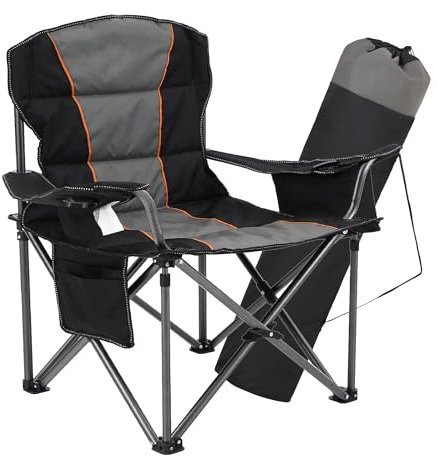 HIGH POINT SPORTS Übergroßer Campingstuhl Faltbar Angelstuhl Tragbar 200KG Belastbar Klappstuhl mit Kühltasche Armlehne Getränkehalter Gepolstert Tragbar Campingsessel(Schwarz)