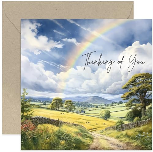 Old English Co. Rainbow Thinking of You Cards for Friends - Thinking of You Card for Men and Women - Rainbow Countryside Scene Background Sympathy Card Design | Blank Inside Envelope