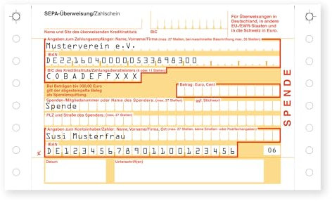 Litfax SEPA Spendenzahlscheine mit personalisiertem Spendenvordruck, 300 Stück - DIN A6, 2-fach mit Durchschlag, bedruckt mit Wunschtext, Führungslochrand - Bankneutral in Deutschland
