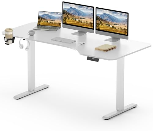 SANODESK Bureau Assis Debout Électrique 160 x 75cm, Bureau Debout Réglable en Hauteur avec Crochet/Porte-Bouteille Fonction Mémoire, Fonction de Rappel de Sédentarité, Blanc