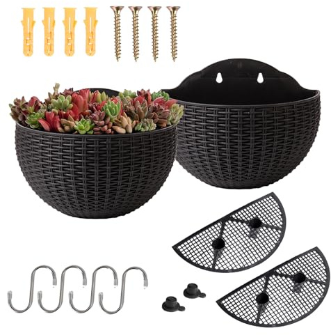 YuanDiann Wandmontage Blumentopf Halbrunder Rattanimitat Hängender Blumenkorb Balkon Innen Außen Garten Deko Pflanzgefäß Blumenampel Selbstbewässerung mit Wasserspeicher Schwarz 2 Pack S