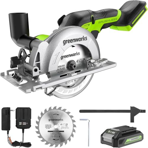 Greenworks 24V Brushless Small Circular Saw,4-1/2 Compact Circular Saw, 6500 RPM Mini Circular Saw,2.0Ah Battery and Compact Charger Included