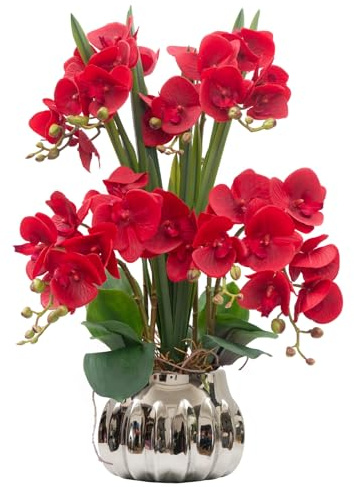 CXGS Artificial Orchid Flower Real Touch Faux Orchids in Ceramic Vase Large 22.9'' Fake Flowers Red Phalaenopsis Floral for Home Indoor Decor