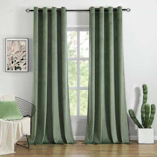 MIULEE Samtvorhang mit Ösen, Vorhänge Blickdicht 140x260 cm Salbeigrün 2er | Weicher Gardinen Blickdichter Samtvorhang mit Ösen, Thermoverdunkelnd, Moderner Luxus für Wohnzimmer & Schlafzimmer