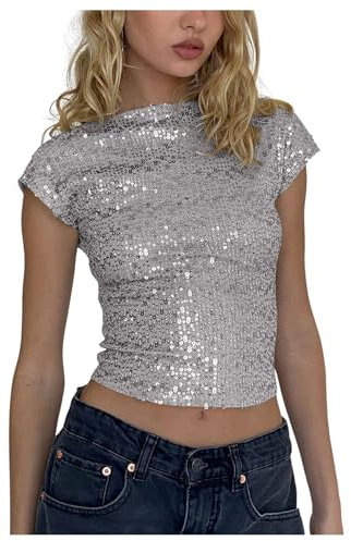 Damen T-Shirt mit Pailletten, Einfarbig, Kurzärmelig, Rückenfrei, Club-t-Shirts, Schmale