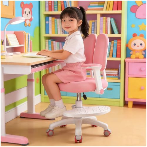 Locwanot Silla de escritorio ergonómica para niños y adolescentes, giratoria ajustable con reposabrazos y reposapiés, cojín doble suave
