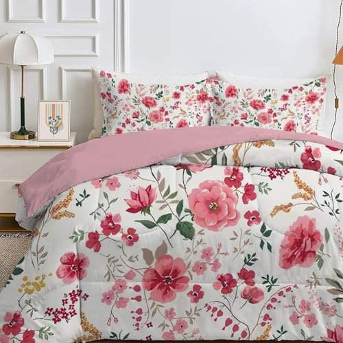Qiwagu Bettdecke 135x200 4 Jahreszeiten, Wende Pinke Blumen Steppdecke Waschbare, Bettdecke ohne Bezug Nutzbar, Leicht Weiche Schlafdecke 200GSM, Ganzjahresdecke Weiß mit 1 Kissenbezug (ohne Kissen)