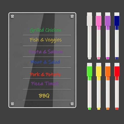 Pizarra magnética acrílica de borrado en seco para nevera, 20 x 30 cm, transparente, magnética, para nevera, semanal, mensual, planificador de notas con 8 marcadores