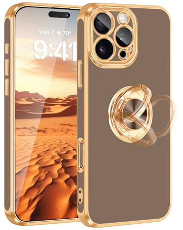 Fingic for iPhone 16 Pro Cases [with 360°Rotatable Ring Holder][Support Magnetic Car Mount] Shiny Plating Gold Slim Fit Soft TPU Shockproof Case for iPhone 16 Pro for Women Men,6.3,2024,Desert Gold