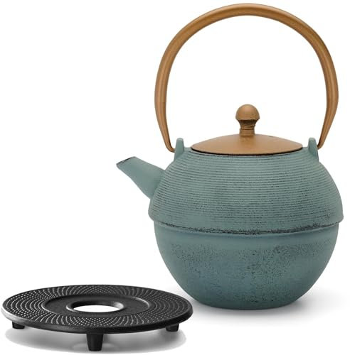 Asia - Juego de tetera de inducción (1,2 L, hierro fundido, con platillo y filtro de acero inoxidable)