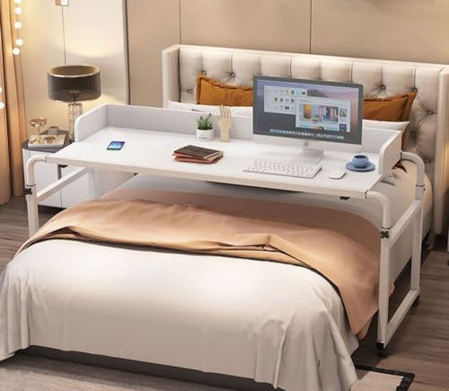 Generic Überbetttisch mit Rädern, höhen- und längenverstellbar, mobiler Tisch, Überbett-Drehtisch für Einzel-/Doppel-/Queensize-/Kingsize-Bettrahmen (Weiß, 115 cm x 45 cm x 65-95 cm)