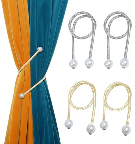 KASESSS 4 Stück Vorhang Raffhalter, Perle Raffhalter für Vorhänge, Gardinenhalter Flexible, Vorhang Halter Elegant, Raffhalter für Gardinen Ohne Bohren für Zuhause,Büro und Hotel (Silber,Grau)