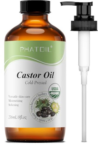 PHATOIL Organic Castor Oil 236ml, Cold Pressed & Pure - USDA Certified Organic, Hexane-Free Massage Oil for Hair Growth, Eyebrows, Eyelashes & Skin Moisturizing - Glass Bottle with Pump Dispenser