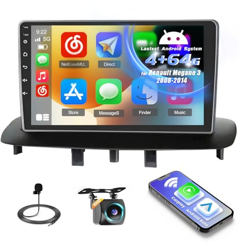 Inefala 4+64G Bilradio för Renault Megane 3 2008-2014 Android med Trådlös CarPlay Android Auto, 9'' Bilskärm Bluetooth WIFI GPS FM/RDS 32EQ SWC AHD Backkamera