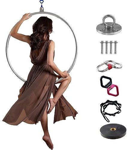 WQZzjm Hängendes Aerial Hoop Dance Fitness-Trainingsset, Aerial Hoop-Rahmen mit Zubehör, 80 cm/90 cm/100 cm Aerial Yoga-Ring aus Edelstahl, Silber (Durchmesser 95 cm (37 3/8 Zoll))