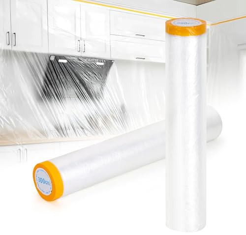 MATUFF Pre-Taped Masking Film 2 Pack Each 10 x 65 feet Rolls, Tape and Drape, Painters Plastic Sheeting Drop Cloth for Automotive Painting Covering, House Decoration Furniture Floor Dustproof Cover