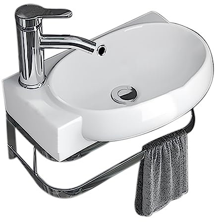 DECAKE Lavabo de Esquina para baño, Montaje en Pared, de Porcelana, cerámica, para baño, Montaje en Pared, Blanco, Triangular, de Porcelana, cerámica, con Grifo, desagüe, Barra para toall