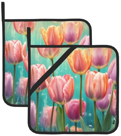 Set di 2 presine da cucina con stampa di tulipani rosa, sottopentola per cucina e cottura