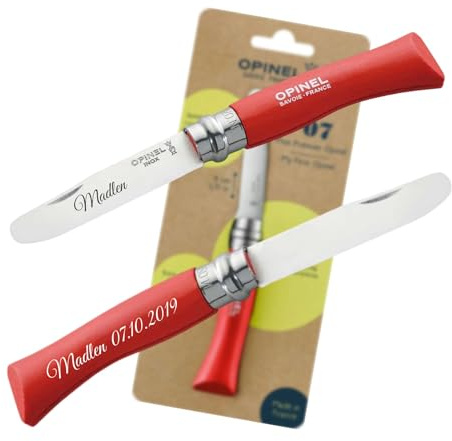 OPINEL Mein erstes Kindermesser mit persönlicher Gravur – sicheres Holzmesser für Kinder | vorne abgerundete Spitze | rostfrei | Virobloc | Geschenk (Rot)