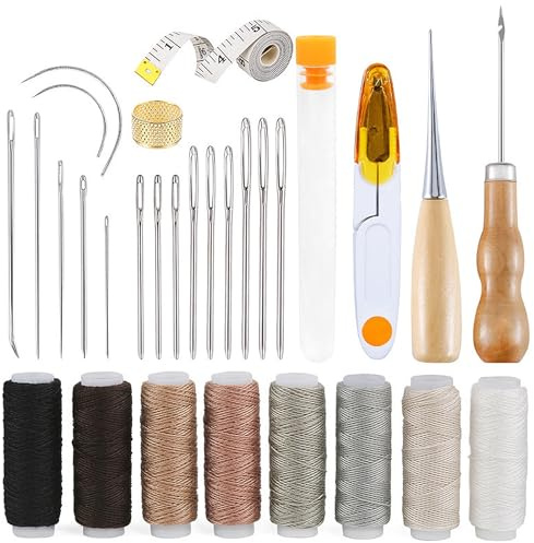 lomdung 30 Pezzi Cucire in Pelle Strumenti, Kit Attrezzi Cucitura Pelle con Punteruolo e Filo, Pelles con Filo Strumenti, con Aghi di Varie Misure, Filos da Cucito, Punteruolo Cuoio