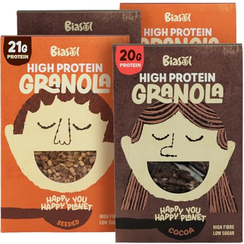 BiaSol Protein Granola Mix Pack 4 x 350g – Granola Cereal with Variety of Flavours – 2 x Cocoa (formerly Chocolate) 2 x Seeded, No Added Sugar Protein Oats, Seriously Tasty - Made in ireland