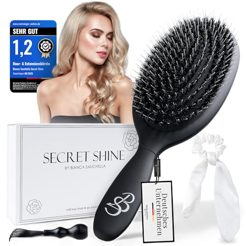 Bianca Sauchella Secret Shine Extensions Bürste – Wildschweinborsten & Keratin-Stifte, Anti-Frizz, schonend & ohne Ziepen, ideal für Tape-In, Bonding & Clip-In Extensions, Schwarz